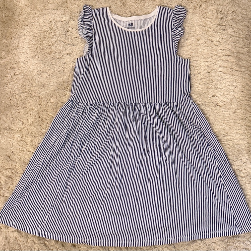H&M Girls Navy & White Pinstripe Flutter Sleeve Dress